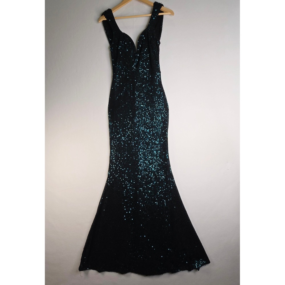 Lulus Teal Sequin V-Neck Cowl Back Mermaid Maxi Dress XS Formal Gown